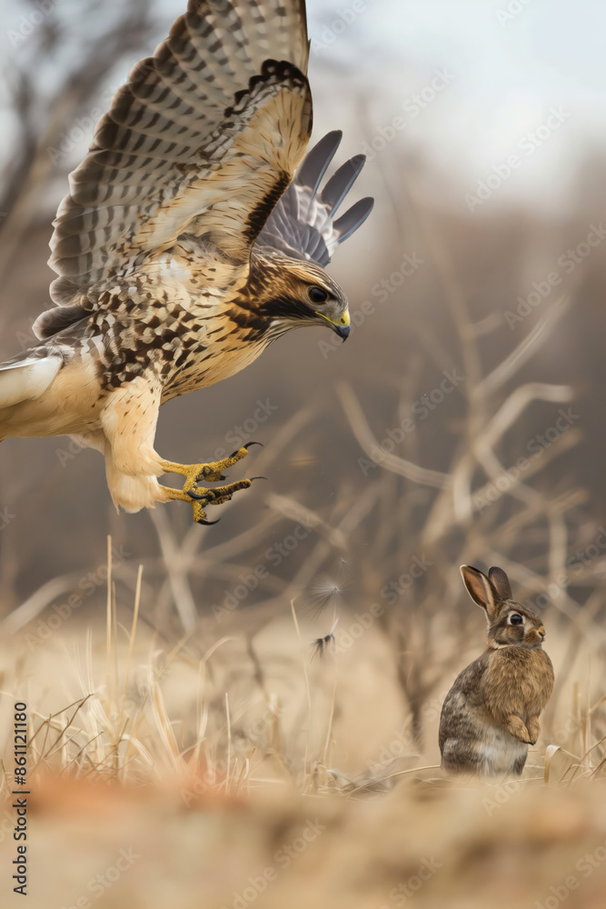 Wall mural Red-tailed hawk hunting a rabbit in a field