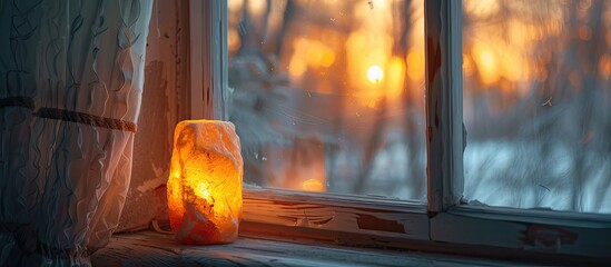 Decorative Himalayan Salt lamp illuminated by old white wooden window with white net fabric curtains, looking out the wooden frames window sun setting over the forest in winter. Frosty glass