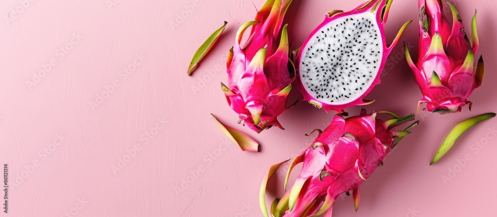 Wall mural dragon fruit isolated on pastel background design food. copy space image. place for adding text and 