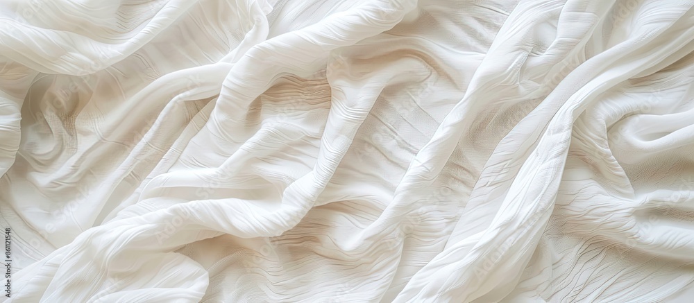 Poster close up textile texture of white cloth view of bedroom and blanket bedsheet after use with wringle and mess up waiting for bed maid,bed after using all night. Copy space image