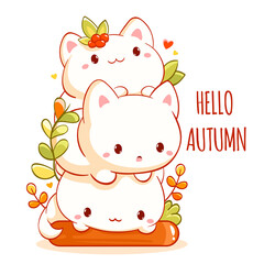 Hello autumn. Square card with three little kittens in kawaii style. Can be used for t-shirt print, sticker, season greeting card design. Vector illustration EPS8