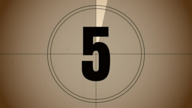Old film 10 seconds countdown. Vintage defocused film look, flicker, grain and scratches effect. 4K animation in sepia retro style.
