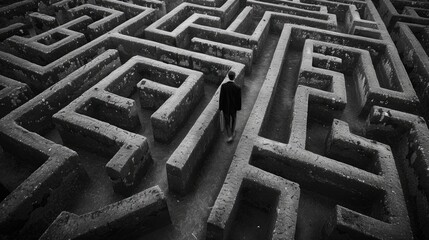 Man Navigating Complex Maze Alone, Concept of Isolation, Decision Making, Challenges