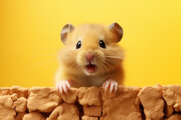 Adorable Hamster with Surprise Expression Against Vibrant Yellow Background