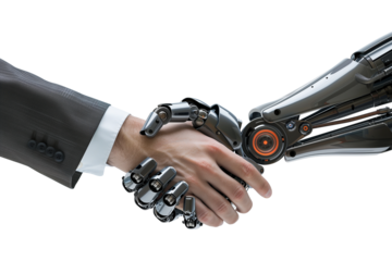 Close-up of a businessman shake hands a robot hands isolated on transparent background. Cooperation and Success concept
