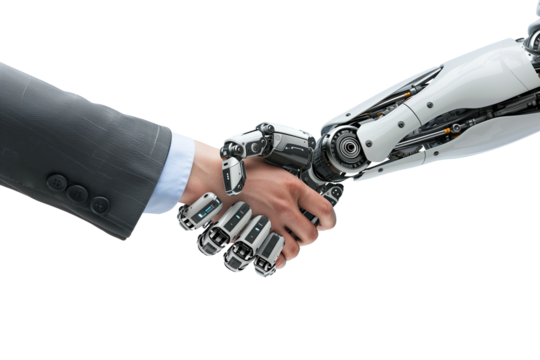Close-up of a businessman shake hands a robot hands isolated on transparent background. 