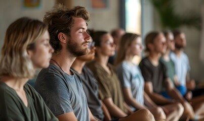Obraz premium Group course session where participants practice breathing exercises with an instructor, Generative AI