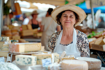 A  saleswoman sells cheese at a city street market in summer