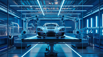 Robotic arms assembling sports car in automated high tech factory
