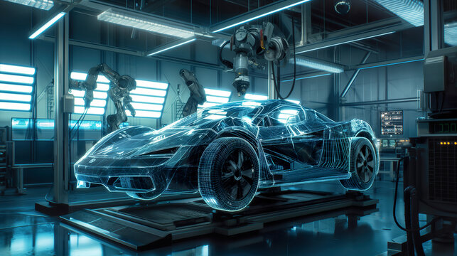 Robotic arms assembling holographic projection of electric sportscar in modern factory