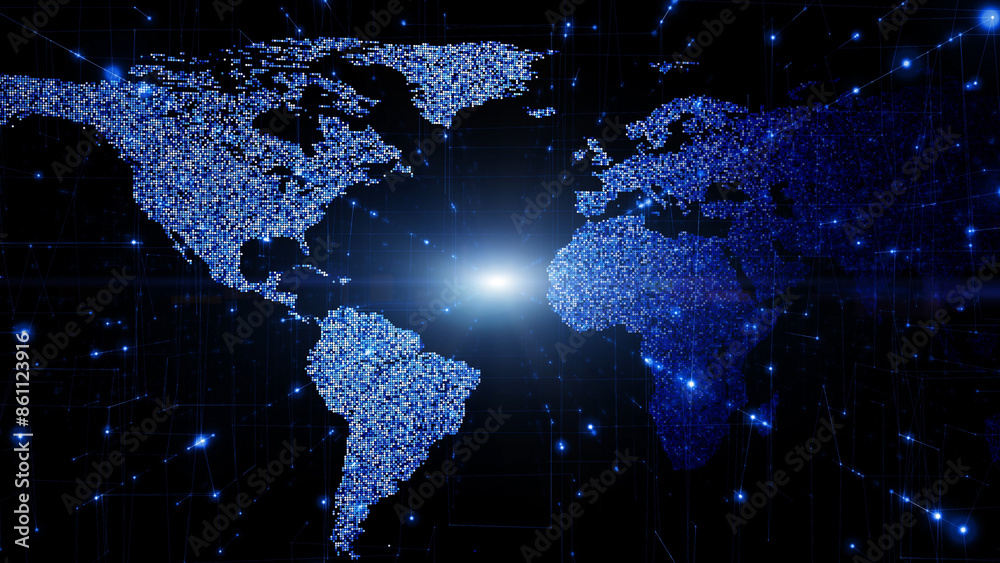 Wall mural conceptual connection lines network cyberspace with glowing world map illustration background.