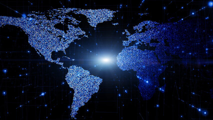 Conceptual connection lines network cyberspace with glowing world map illustration background.	
