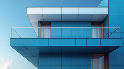 Modern office building exterior showing blue facade with geometric shapes