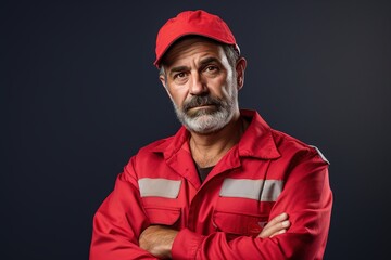 Fototapeta premium A man in a red shirt and hat is standing with his arms crossed
