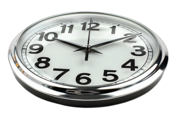 A close-up of a white analog clock with black numbers and hands on a silver bezel on a transparent background.