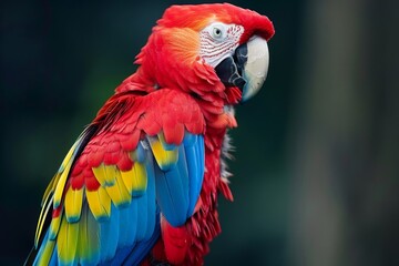 Naklejka premium Close-up of a vibrant primary-colored parrot with vivid red feathers, showcasing intricate details and vibrant hues