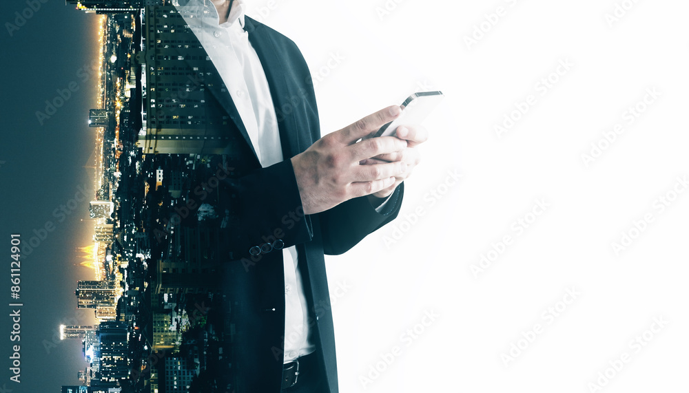 Poster headless young businessman using cellphone on abstract blurry white city background with mock up pla