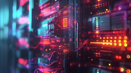 Fototapeta premium photo illustration of server rack in a data center , security, networking, hacking. 16:9