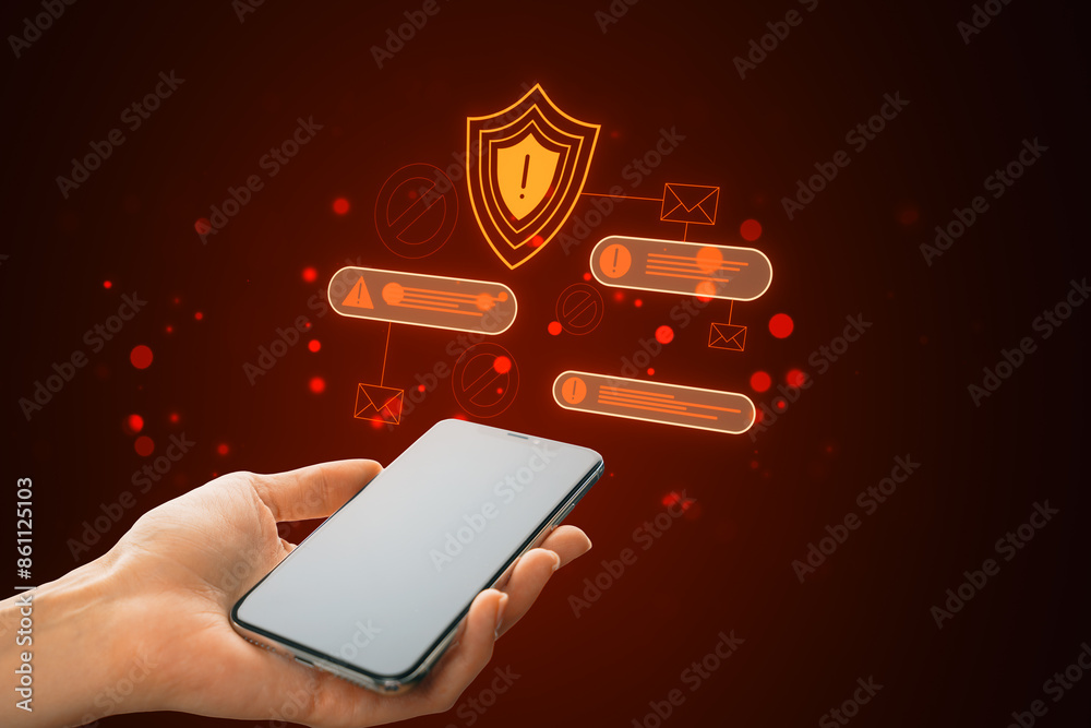 Poster Close up of female hand holding mobile phone with abstract digital web security error alert on dark red background. Online safety and protection concept, hacker attack.