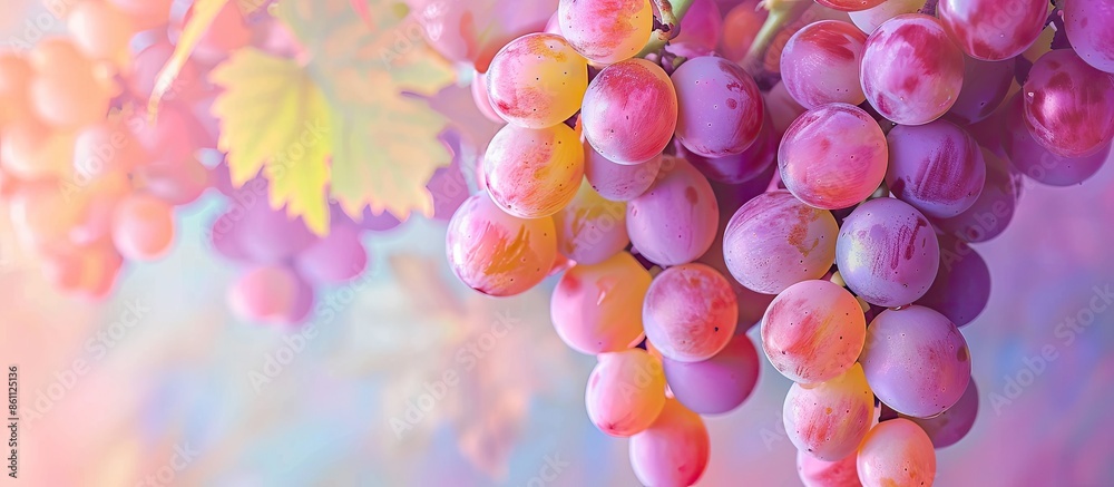 Poster Autumn harvest, sweet and juicy grapes. pastel background. Copy space image. Place for adding text and design