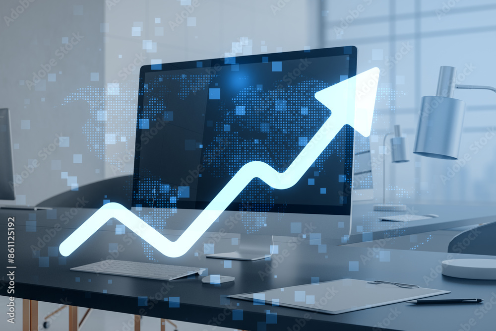 Poster close up of office workplace with computer and growing upward arrow and blue map on blurry backgroun