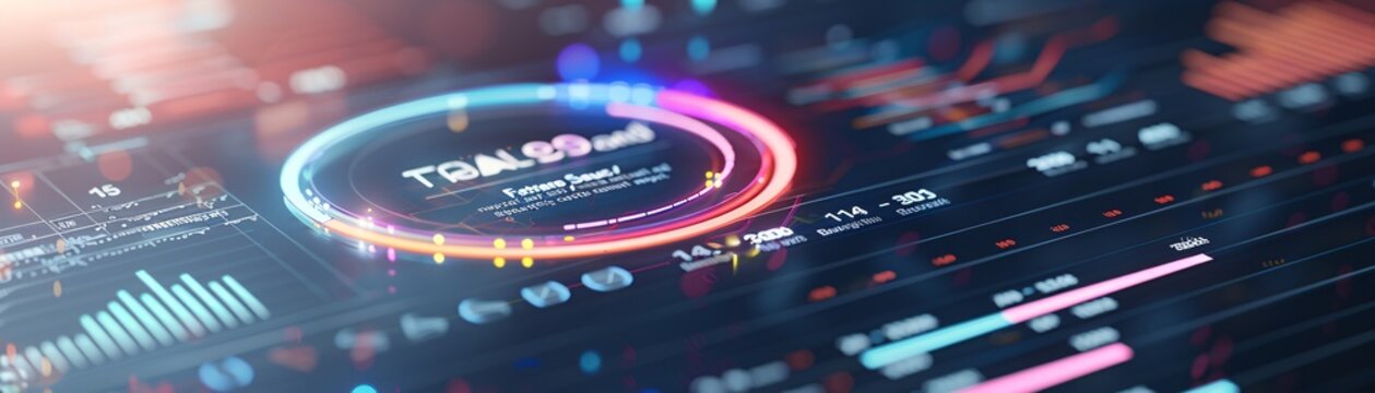 A sleek digital dashboard presents a credit report marked with bankruptcy, integrated into a futuristic financial evaluation system with neon-lit data points and analytics. The layout includes