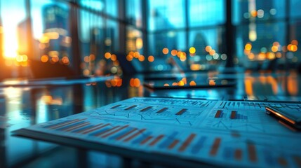 Sunset in a Modern Office with Financial Documents and Cityscape in Background