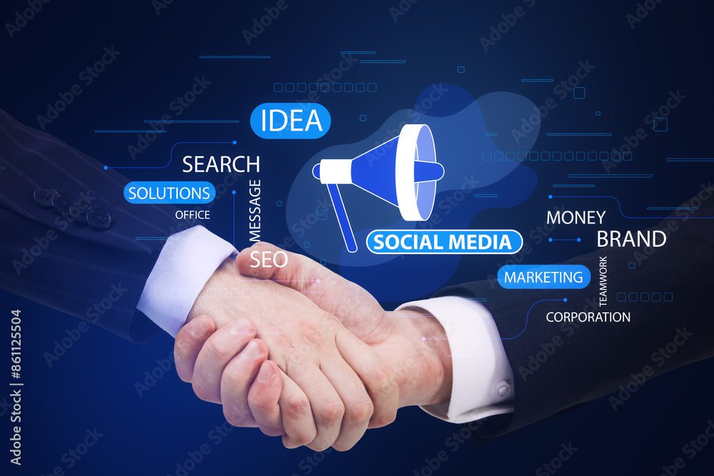 Poster close up and side view of handshake with creative social media ad hologram with loud speaker and tex