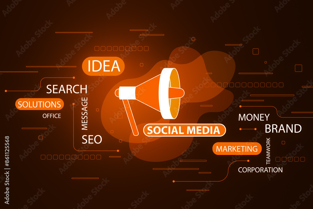Aufkleber creative social media ad hologram with loud speaker and text on dark background. smm and marketing c