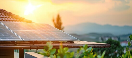 Renewable energy system with solar panel on the roof. Copy space image. Place for adding text or design