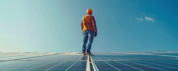 Technician inspecting solar panels on a bright, sunny day, ensuring efficient renewable energy production. Clear skies and modern technology.