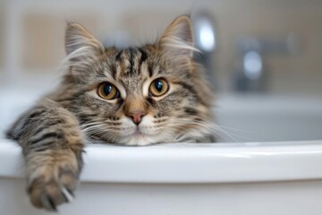 Fluffy Tabby Cat Relaxing in a Bathtub  Cozy Domestic Pet