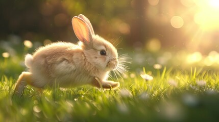 Obraz premium Adorable Bunny Running in a Sunny Meadow Generative AI