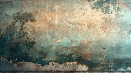Naklejka premium Vintage wallpaper with distressed texture and subtle colors, depicting a faded landscape with trees, creating an antique, rustic appeal.