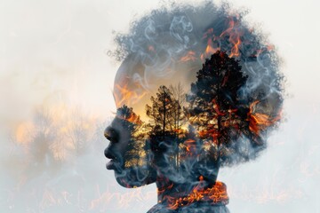 Obraz premium Silhouette of Child with Fiery Forest Double Exposure at Sunset