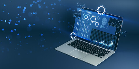 Close up of laptop with digital business interface on blurry blue background. Finance and safety concept. Double exposure. 3D Rendering.