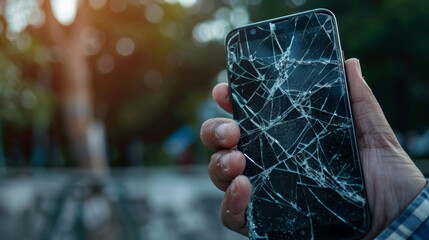 A close-up of a hand holding a smartphone with a shattered screen, captured outdoors with blurred green and brown background.