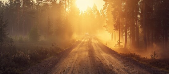dusty dirt road on a beautiful sunset behind the forest, in the front and background silhouettes of cars. Copy space image. Place for adding text and design