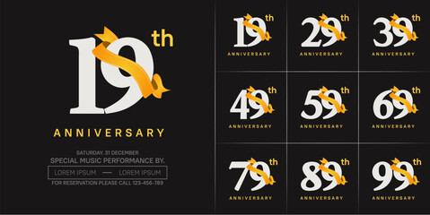 anniversary logotype set vector, white color and orange ribbon for special day celebration