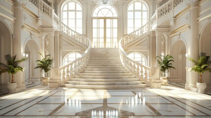 Obraz premium Elegant grand staircase with marble floors, arched windows, and ornate decor in a luxurious interior space with natural light.