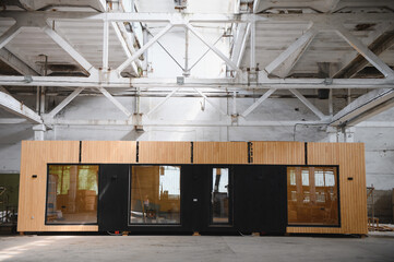 Newly built single storey prefabricated modular building. Prefabricated mobile wooden house at...