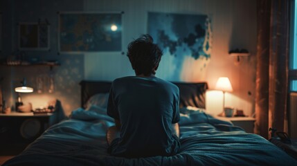 Person sitting on a bed in a dimly lit room, facing away. The scene is calm, with warm lights creating a serene and reflective atmosphere.