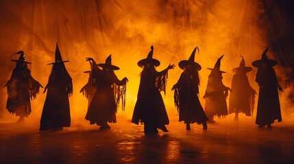 Group of Witches Silhouetted Against Orange Mist
