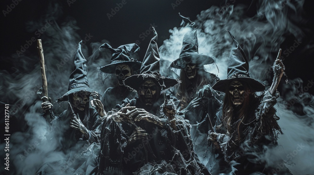 Wall mural Group of Halloween Witches in Smoky Atmosphere - Wall murals