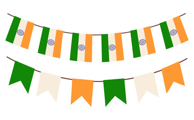 Hanging flags on ropes in honor of the Indian festival. Indian flags bunting garland. Decoration for Republic day and Independence day. Vector illustration. Isolated on white background.