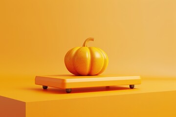 A pumpkin sits on a bench in front of a wall