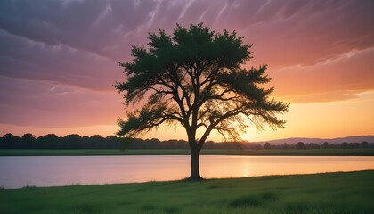 Obraz premium A lone tree with green leaves standing in a grassy field next to a body of water , with a vibrant sunset sky in the background