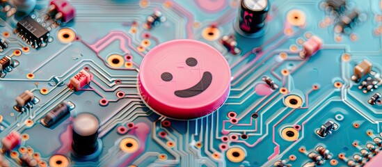 Obraz premium Blank circuit board / breadboard with emoji /face shape pastel background. Copy space image. Place for adding text and design