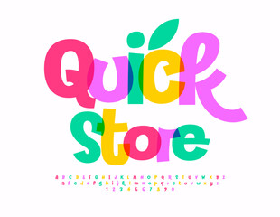 Vector colorful advertisement Quick Store. Funny Bright Font. Playful Alphabet Letters and Numbers set