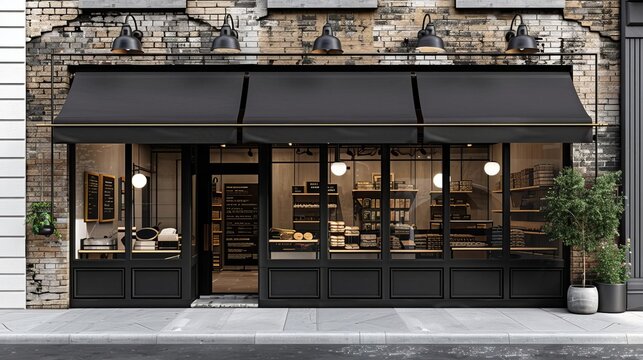A black and brown shop front with large windows and brown awnings A black door is on the left side of an old brick building A blank wall could be used for display mockups Black fra